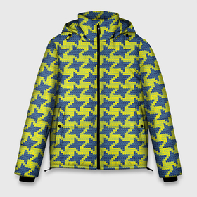 Мужская зимняя куртка 3D с принтом Сине-желтые гусиные лапки в Новосибирске, верх — 100% полиэстер; подкладка — 100% полиэстер; утеплитель — 100% полиэстер | длина ниже бедра, свободный силуэт Оверсайз. Есть воротник-стойка, отстегивающийся капюшон и ветрозащитная планка. 

Боковые карманы с листочкой на кнопках и внутренний карман на молнии. | Тематика изображения на принте: вязанка | гусиные лапки | желтый | мода | паттерн | синий | узор