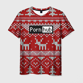 Мужская футболка 3D с принтом Porn Hub новогодний в Белгороде, 100% полиэфир | прямой крой, круглый вырез горловины, длина до линии бедер | deer | holiday | new year | pattern | новый год | олень | праздник | узор