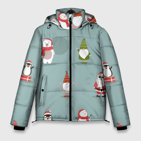Мужская зимняя куртка 3D с принтом Новый Гoд в Новосибирске, верх — 100% полиэстер; подкладка — 100% полиэстер; утеплитель — 100% полиэстер | длина ниже бедра, свободный силуэт Оверсайз. Есть воротник-стойка, отстегивающийся капюшон и ветрозащитная планка. 

Боковые карманы с листочкой на кнопках и внутренний карман на молнии. | Тематика изображения на принте: 2022 | гном | год | дед | зима | мишка | мороз | новый | пингвин | праздик | рождество | снеговик | узор