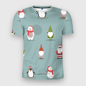 Мужская футболка 3D спортивная с принтом Новый Гoд в Новосибирске, 100% полиэстер с улучшенными характеристиками | приталенный силуэт, круглая горловина, широкие плечи, сужается к линии бедра | Тематика изображения на принте: 2022 | гном | год | дед | зима | мишка | мороз | новый | пингвин | праздик | рождество | снеговик | узор