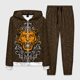 Мужской костюм 3D с принтом Тигр в треугольнике в Екатеринбурге, 100% полиэстер | Манжеты и пояс оформлены тканевой резинкой, двухслойный капюшон со шнурком для регулировки, карманы спереди | Тематика изображения на принте: tiger | восточный тигр | год тигра | голова | кошка | тигр | тигренок | хищник