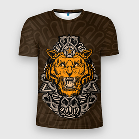Мужская футболка 3D Slim с принтом Тигр в треугольнике в Санкт-Петербурге, 100% полиэстер с улучшенными характеристиками | приталенный силуэт, круглая горловина, широкие плечи, сужается к линии бедра | tiger | восточный тигр | год тигра | голова | кошка | тигр | тигренок | хищник