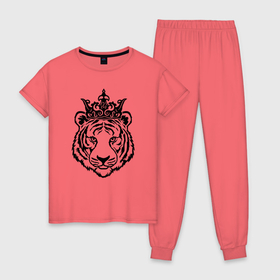 Женская пижама хлопок с принтом Family Look Мама-тигр в Белгороде, 100% хлопок | брюки и футболка прямого кроя, без карманов, на брюках мягкая резинка на поясе и по низу штанин | Тематика изображения на принте: crown | family | tiger | корона | семья | тигр