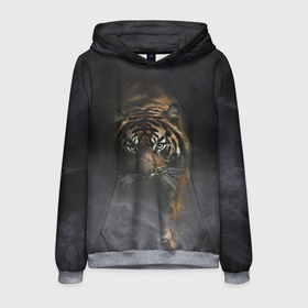 Мужская толстовка 3D с принтом Тигр в тумане , 100% полиэстер | двухслойный капюшон со шнурком для регулировки, мягкие манжеты на рукавах и по низу толстовки, спереди карман-кенгуру с мягким внутренним слоем. | Тематика изображения на принте: tiger | восточный тигр | год тигра | голова | дым | кошка | тигр | тигренок | туман | хищник