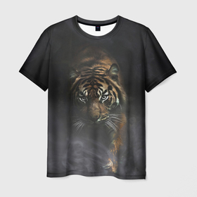 Мужская футболка 3D с принтом Тигр в тумане в Петрозаводске, 100% полиэфир | прямой крой, круглый вырез горловины, длина до линии бедер | tiger | восточный тигр | год тигра | голова | дым | кошка | тигр | тигренок | туман | хищник