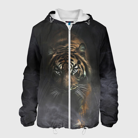 Мужская куртка 3D с принтом Тигр в тумане в Новосибирске, ткань верха — 100% полиэстер, подклад — флис | прямой крой, подол и капюшон оформлены резинкой с фиксаторами, два кармана без застежек по бокам, один большой потайной карман на груди. Карман на груди застегивается на липучку | tiger | восточный тигр | год тигра | голова | дым | кошка | тигр | тигренок | туман | хищник