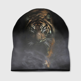 Шапка 3D с принтом Тигр в тумане , 100% полиэстер | универсальный размер, печать по всей поверхности изделия | tiger | восточный тигр | год тигра | голова | дым | кошка | тигр | тигренок | туман | хищник