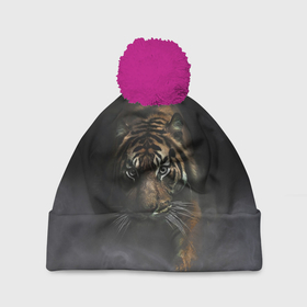 Шапка 3D c помпоном с принтом Тигр в тумане в Кировске, 100% полиэстер | универсальный размер, печать по всей поверхности изделия | tiger | восточный тигр | год тигра | голова | дым | кошка | тигр | тигренок | туман | хищник