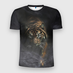 Мужская футболка 3D Slim с принтом Тигр в тумане в Санкт-Петербурге, 100% полиэстер с улучшенными характеристиками | приталенный силуэт, круглая горловина, широкие плечи, сужается к линии бедра | tiger | восточный тигр | год тигра | голова | дым | кошка | тигр | тигренок | туман | хищник
