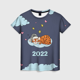 Женская футболка 3D с принтом Спящий тигр на облаке в Тюмени, 100% полиэфир ( синтетическое хлопкоподобное полотно) | прямой крой, круглый вырез горловины, длина до линии бедер | 2022 | год тигра | новый год | новый год 2022 | символ года | тигр | тигренок | тигрица | тигры