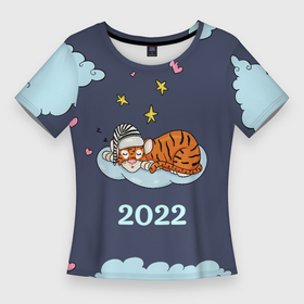 Женская футболка 3D Slim с принтом Спящий тигр на облаке в Кировске,  |  | 2022 | год тигра | новый год | новый год 2022 | символ года | тигр | тигренок | тигрица | тигры