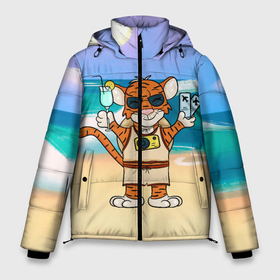 Мужская зимняя куртка 3D с принтом Тигр в отпуске на новый год (на море) в Тюмени, верх — 100% полиэстер; подкладка — 100% полиэстер; утеплитель — 100% полиэстер | длина ниже бедра, свободный силуэт Оверсайз. Есть воротник-стойка, отстегивающийся капюшон и ветрозащитная планка. 

Боковые карманы с листочкой на кнопках и внутренний карман на молнии. | Тематика изображения на принте: 2022 | год тигра | новый год | новый год 2022 | символ года | тигр | тигренок | тигрица | тигры