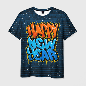 Мужская футболка 3D с принтом С Новым Годом граффити   Happy New Year graffiti в Тюмени, 100% полиэфир | прямой крой, круглый вырез горловины, длина до линии бедер | graffiti | wall | граффити | зима | новый год | рождество | снег | снежинка | стена