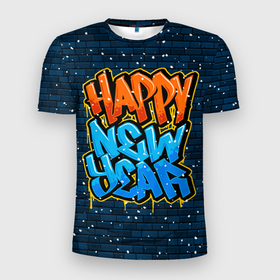Мужская футболка 3D Slim с принтом С Новым Годом граффити   Happy New Year graffiti , 100% полиэстер с улучшенными характеристиками | приталенный силуэт, круглая горловина, широкие плечи, сужается к линии бедра | graffiti | wall | граффити | зима | новый год | рождество | снег | снежинка | стена