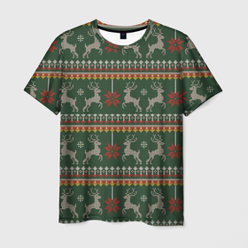 Мужская футболка 3D с принтом Новогодний свитер c оленями 1 в Курске, 100% полиэфир | прямой крой, круглый вырез горловины, длина до линии бедер | 2022 | зима | новогодний | олени | свитер