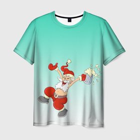 Мужская футболка 3D с принтом Веселый празднующий дед Мороз , 100% полиэфир | прямой крой, круглый вырез горловины, длина до линии бедер | Тематика изображения на принте: 2022 | веселый | веселье | вечеринка | градиент | дед мороз | жаркая зима | персонаж | праздник | празднующий | радость | рисунок | санта клаус | танец