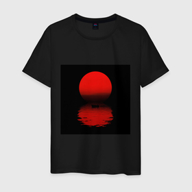Мужская футболка хлопок с принтом Boat and sunset в Новосибирске, 100% хлопок | прямой крой, круглый вырез горловины, длина до линии бедер, слегка спущенное плечо. | Тематика изображения на принте: вода | восток | закат | красный | лодка | минимализм | природа | черный | япония