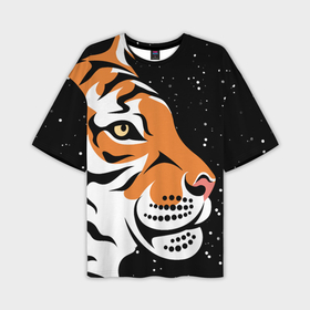 Мужская футболка OVERSIZE 3D с принтом Новогодний тигр, символ года ,  |  | 2022 | amur tiger | beast | fangs | happy new year | merry christmas | new year | predator | snow | stars | stern grin | stern look | winter | year of the tiger | амурский тигр | год тигра | зверь | зима | клыки | новый год | снег | суровый взгл