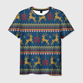 Мужская футболка 3D с принтом Новогодний свитер c оленями 3 в Новосибирске, 100% полиэфир | прямой крой, круглый вырез горловины, длина до линии бедер | 2022 | год | зима | новогодний | новый | олени | праздник | свитер | узор