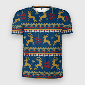 Мужская футболка 3D Slim с принтом Новогодний свитер c оленями 3 в Тюмени, 100% полиэстер с улучшенными характеристиками | приталенный силуэт, круглая горловина, широкие плечи, сужается к линии бедра | 2022 | год | зима | новогодний | новый | олени | праздник | свитер | узор