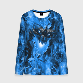 Мужской лонгслив 3D с принтом Дракон в синем пламени Dragon in blue flame в Екатеринбурге, 100% полиэстер | длинные рукава, круглый вырез горловины, полуприлегающий силуэт | dragon | дракон | миф | монстр | огонь | пламя | фэнтези