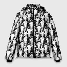 Мужская зимняя куртка 3D с принтом Хищные Рыбы в Тюмени, верх — 100% полиэстер; подкладка — 100% полиэстер; утеплитель — 100% полиэстер | длина ниже бедра, свободный силуэт Оверсайз. Есть воротник-стойка, отстегивающийся капюшон и ветрозащитная планка. 

Боковые карманы с листочкой на кнопках и внутренний карман на молнии. | Тематика изображения на принте: fish | ocean | predator | shark | white shark | акула | белая акула | зубы | море | морской хищник | океан | рыба | хищная рыба | хищник