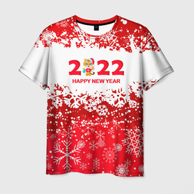 Мужская футболка 3D с принтом Happy New Year 2022. в Новосибирске, 100% полиэфир | прямой крой, круглый вырез горловины, длина до линии бедер | 2022 | happy new year | merry christmas | год тигра | зима близко | нг | новогодний | новогодний тигр | новый год | новый год 2022 | рождество | символ 2022 года | снег | снежинки | тигр