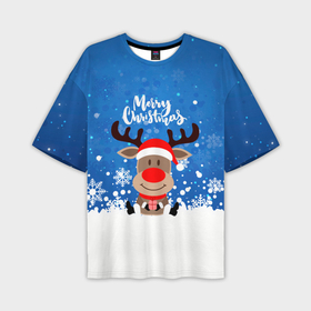 Мужская футболка OVERSIZE 3D с принтом Олень сидит с подарком. в Санкт-Петербурге,  |  | 2022 | happy new year | merry christmas | год тигра | зима близко | нг | новогодний | новогодний олень | новогодний тигр | новый год | новый год 2022 | олень | рождество | символ 2022 года | снег | снежинки