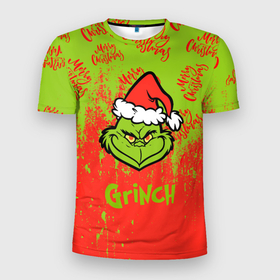 Мужская футболка 3D Slim с принтом Grinch Merry Christmas. , 100% полиэстер с улучшенными характеристиками | приталенный силуэт, круглая горловина, широкие плечи, сужается к линии бедра | 2022 | grinch | happy new year | merry christmas | год тигра | гринч | зима близко | нг | новогодний | новый год | новый год 2022 | рождество | снег | снежинки