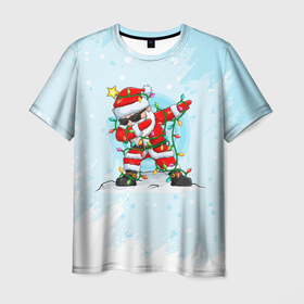 Мужская футболка 3D с принтом Santa Dabbing в гирлянде. в Белгороде, 100% полиэфир | прямой крой, круглый вырез горловины, длина до линии бедер | 2022 | dabbing | happy new year | merry christmas | santa dabbing | год тигра | зима близко | нг | новогодний | новогодний тигр | новый год | новый год 2022 | рождество | символ 2022 года | снег | снежинки