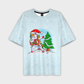 Мужская футболка OVERSIZE 3D с принтом Новогодний Единорог Dabbing. в Новосибирске,  |  | 2022 | dabbing | happy new year | merry christmas | год тигра | единорог | зима близко | нг | новогодний | новогодний тигр | новый год | новый год 2022 | рождество | символ 2022 года | снег | снежинки