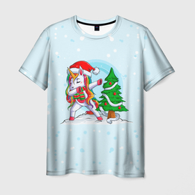 Мужская футболка 3D с принтом Новогодний Единорог Dabbing. в Белгороде, 100% полиэфир | прямой крой, круглый вырез горловины, длина до линии бедер | 2022 | dabbing | happy new year | merry christmas | год тигра | единорог | зима близко | нг | новогодний | новогодний тигр | новый год | новый год 2022 | рождество | символ 2022 года | снег | снежинки