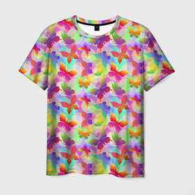 Мужская футболка 3D с принтом Разноцветные Бабочки (Color) в Новосибирске, 100% полиэфир | прямой крой, круглый вырез горловины, длина до линии бедер | 7 цветов | butterflies | butterfly | color | insects | mole | paints | palette | spectrum | бабочки | колористика | краски | моль | мотылёк | насекомые | палитра | радуга | разноцветные | разноцветные бабочки | спектр | художник