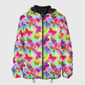 Мужская куртка 3D с принтом Разноцветные Бабочки (Color) в Новосибирске, ткань верха — 100% полиэстер, подклад — флис | прямой крой, подол и капюшон оформлены резинкой с фиксаторами, два кармана без застежек по бокам, один большой потайной карман на груди. Карман на груди застегивается на липучку | Тематика изображения на принте: 7 цветов | butterflies | butterfly | color | insects | mole | paints | palette | spectrum | бабочки | колористика | краски | моль | мотылёк | насекомые | палитра | радуга | разноцветные | разноцветные бабочки | спектр | художник