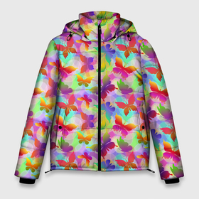 Мужская зимняя куртка 3D с принтом Разноцветные Бабочки (Color) в Новосибирске, верх — 100% полиэстер; подкладка — 100% полиэстер; утеплитель — 100% полиэстер | длина ниже бедра, свободный силуэт Оверсайз. Есть воротник-стойка, отстегивающийся капюшон и ветрозащитная планка. 

Боковые карманы с листочкой на кнопках и внутренний карман на молнии. | 7 цветов | butterflies | butterfly | color | insects | mole | paints | palette | spectrum | бабочки | колористика | краски | моль | мотылёк | насекомые | палитра | радуга | разноцветные | разноцветные бабочки | спектр | художник