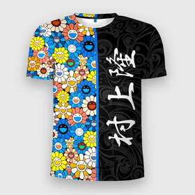 Мужская футболка 3D спортивная с принтом Такаси Мураками Иероглифами в Кировске, 100% полиэстер с улучшенными характеристиками | приталенный силуэт, круглая горловина, широкие плечи, сужается к линии бедра | japan | smile | takashi murakami | арт | восточный узор | иероглифы | искусство | красочный | разноцветные цветы | ромашки | смайл | такаси мураками | такаши мураками | узор | улыбки | цветочки | цветочный узор