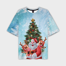 Мужская футболка OVERSIZE 3D с принтом Санта и олени в Новосибирске,  |  | new year | арт | графика | дед мороз | елка | зима | новый год | олени | рождество | санта