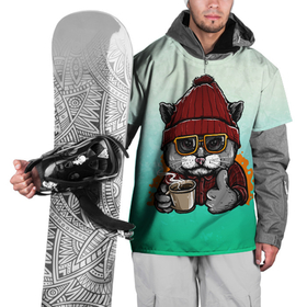 Накидка на куртку 3D с принтом Котэ в шапке в Екатеринбурге, 100% полиэстер |  | Тематика изображения на принте: арт | графика | жест | зима | кот | кофе | уют | шапка