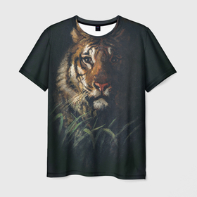 Мужская футболка 3D с принтом Голова тигра , 100% полиэфир | прямой крой, круглый вырез горловины, длина до линии бедер | 2022 | животное | общественное достояние | тигр