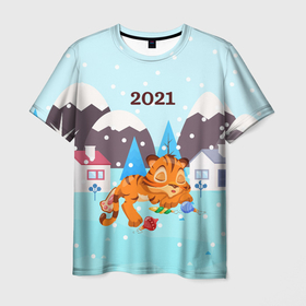 Мужская футболка 3D с принтом Спящий тигренок в ожидании нового года , 100% полиэфир | прямой крой, круглый вырез горловины, длина до линии бедер | 2022 | год тигра | новый год | новый год 2022 | символ года | тигр | тигренок | тигрица | тигры