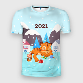 Мужская футболка 3D спортивная с принтом Спящий тигренок в ожидании нового года в Екатеринбурге, 100% полиэстер с улучшенными характеристиками | приталенный силуэт, круглая горловина, широкие плечи, сужается к линии бедра | 2022 | год тигра | новый год | новый год 2022 | символ года | тигр | тигренок | тигрица | тигры
