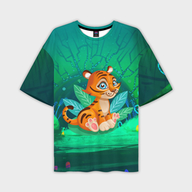 Мужская футболка OVERSIZE 3D с принтом Тигр в большой кувшинке в Курске,  |  | 2022 | год тигра | новый год | новый год 2022 | символ года | тигр | тигренок | тигрица | тигры