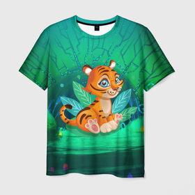 Мужская футболка 3D с принтом Тигр в большой кувшинке , 100% полиэфир | прямой крой, круглый вырез горловины, длина до линии бедер | 2022 | год тигра | новый год | новый год 2022 | символ года | тигр | тигренок | тигрица | тигры