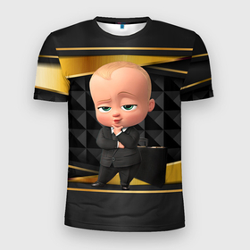 Мужская футболка 3D Slim с принтом BOSS gold  black , 100% полиэстер с улучшенными характеристиками | приталенный силуэт, круглая горловина, широкие плечи, сужается к линии бедра | baby | boss | boss baby | босс | босс молокосос | маленький босс | малыш | мальчик | молокосос | ребенок