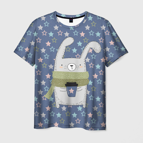 Мужская футболка 3D с принтом Звездный кролик , 100% полиэфир | прямой крой, круглый вырез горловины, длина до линии бедер | животное | заяц | звезда | кролик | кролик в шарфе | паттерн