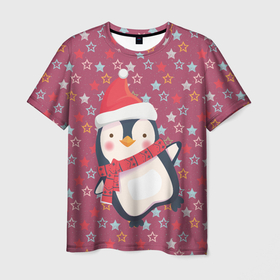 Мужская футболка 3D с принтом Пингвин в звездах в Екатеринбурге, 100% полиэфир | прямой крой, круглый вырез горловины, длина до линии бедер | звезды | новый год | паттерн | пингвин | праздник