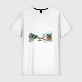 Мужская футболка хлопок Slim с принтом поход в горы , 92% хлопок, 8% лайкра | приталенный силуэт, круглый вырез ворота, длина до линии бедра, короткий рукав | Тематика изображения на принте: camping | горы | кемпинг | лес | палатка | туризм