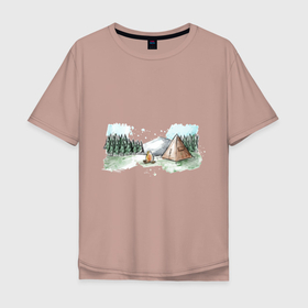 Мужская футболка хлопок Oversize с принтом поход в горы в Кировске, 100% хлопок | свободный крой, круглый ворот, “спинка” длиннее передней части | camping | горы | кемпинг | лес | палатка | туризм