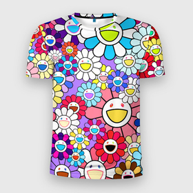 Мужская футболка 3D Slim с принтом Цветы Takashi Murakami в Кировске, 100% полиэстер с улучшенными характеристиками | приталенный силуэт, круглая горловина, широкие плечи, сужается к линии бедра | Тематика изображения на принте: flowers | pop art | superflat | takashi murakami | арт | глаза | дизайн | исскуство | разноцветные цветы | супефлэт | такаси мураками | такаши мураками | художник | цветы
