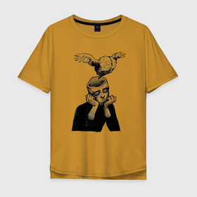 Мужская футболка хлопок Oversize с принтом Полет мысли из головы в Новосибирске, 100% хлопок | свободный крой, круглый ворот, “спинка” длиннее передней части | мозг | музыка | орнамент | психоделика | череп